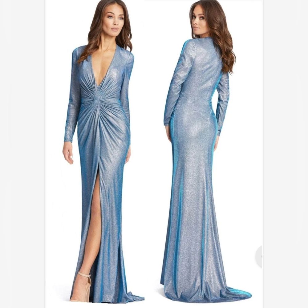 Ieena Duggal 261941 - Twist Front Metallic Evening Dress Blue Sparkle Sz 8 NWT